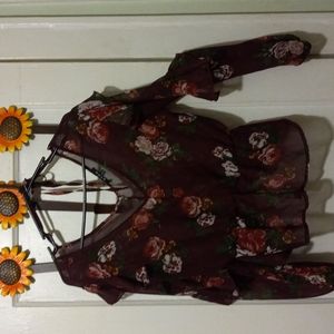 Hype- Ruffled Blouse, L, Sheer 100% Polyester, V-Neck Front & Back